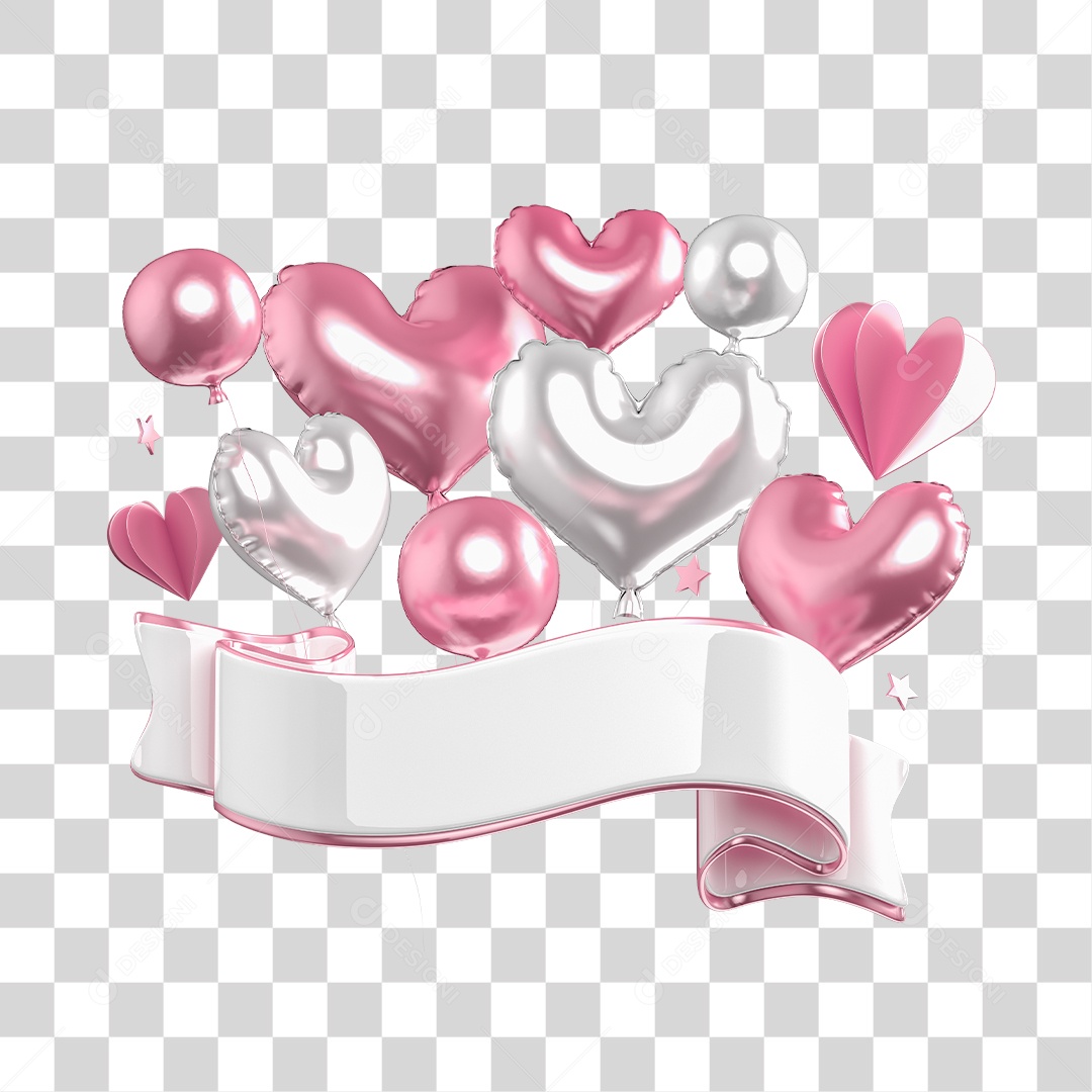 Balões Rosas e Branco e Faixa Elemento 3D PNG Transparente