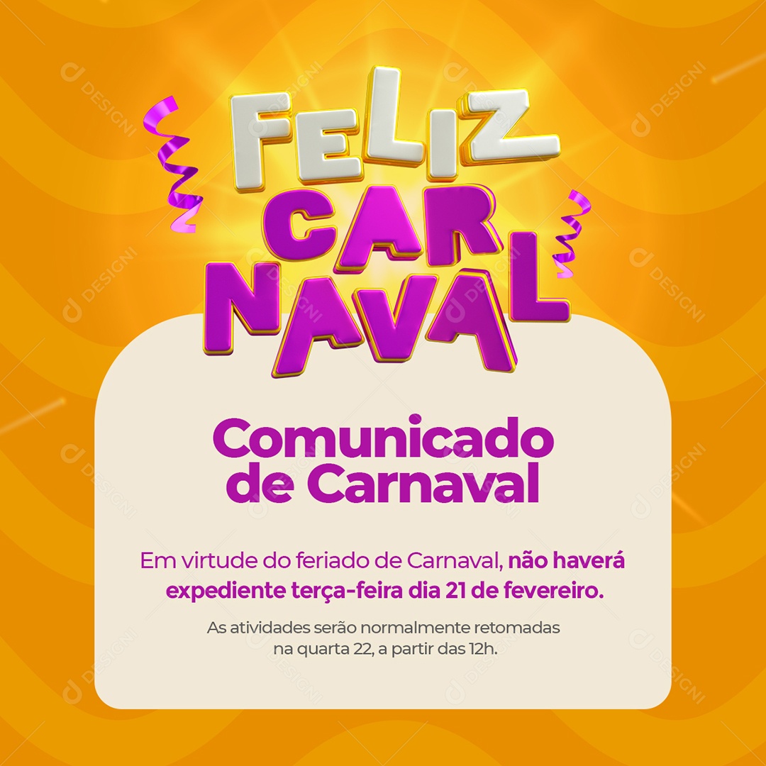 Horário de Funcionamento Comunicado Carnaval Social Media PSD Editável