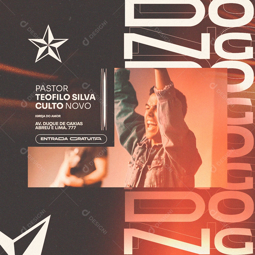 Pastor Teofilo Silva Culto Novo Entrada Gratuita Flyer Gospel Social Media PSD Editável