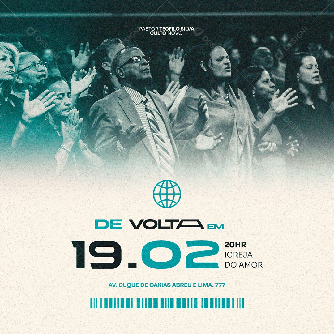 De Volta Em 19.02 Igreja do Amor Flyer Gospel Social Media PSD Editável