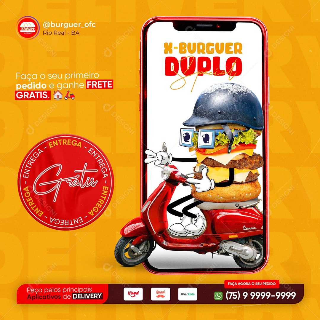 Faça Seu Pedido e Receba no Conforto da Sua Casa X-burguer Duplo Especial Social Media PSD Editável