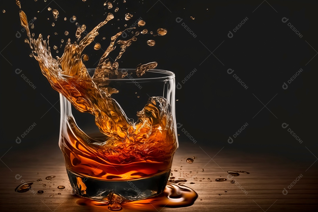 Copo com uísque sobre a mesa.