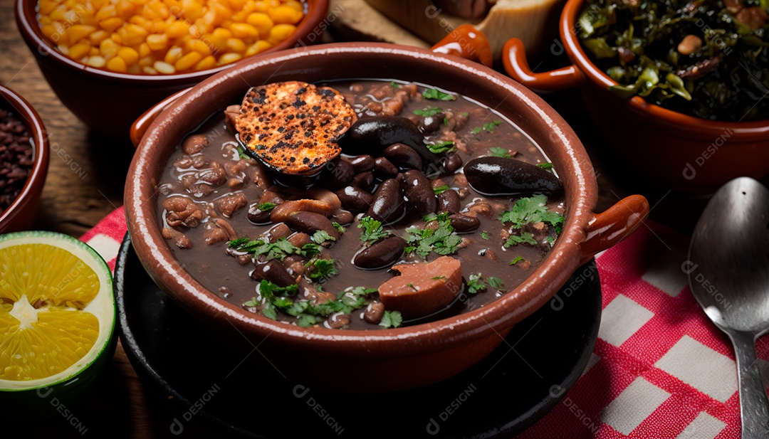 Feijoada saborosa sobre uma mesa de madeira.