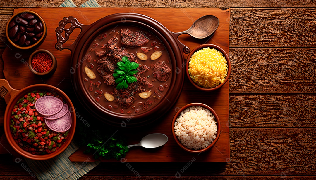 Feijoada saborosa sobre uma mesa de madeira.