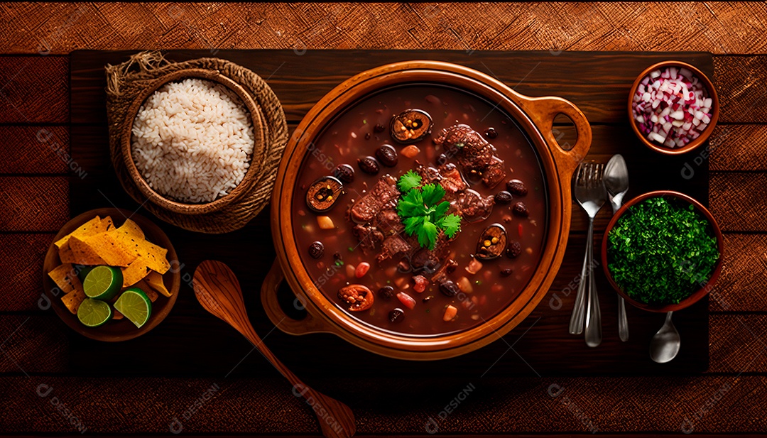Feijoada saborosa sobre uma mesa de madeira.