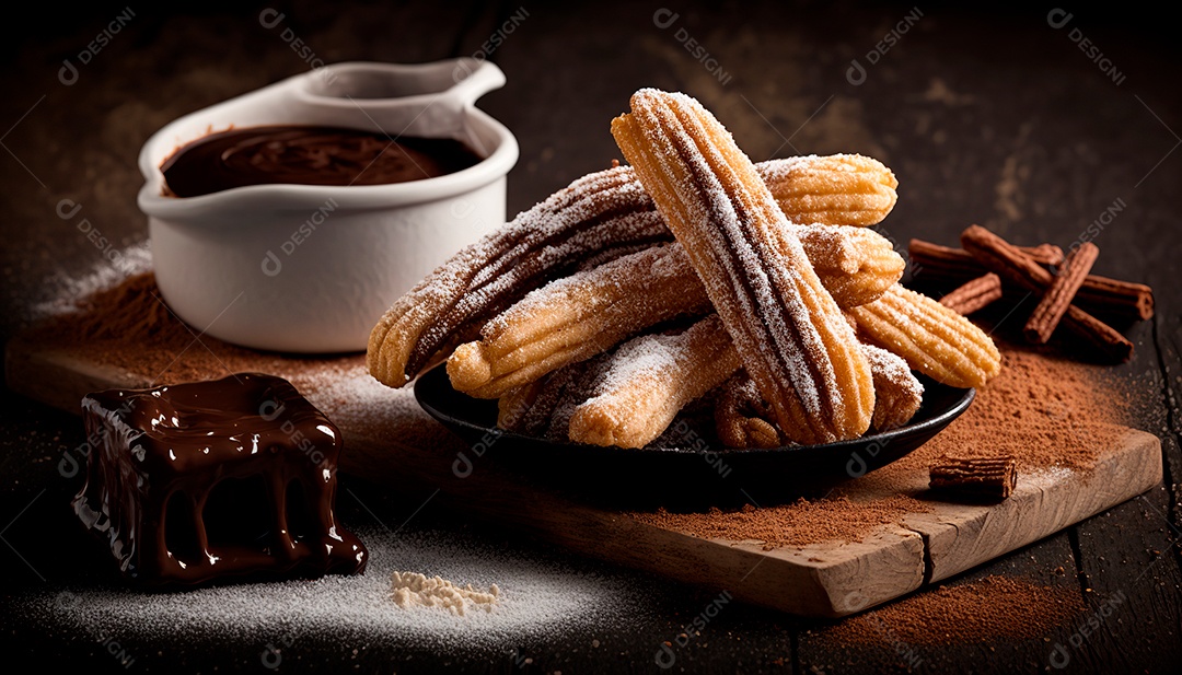 Churros delicioso sobre uma de madeira.