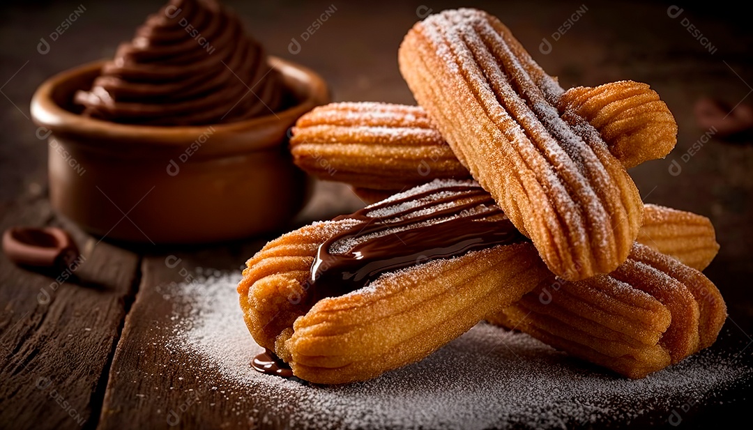 Churros delicioso sobre uma de madeira.