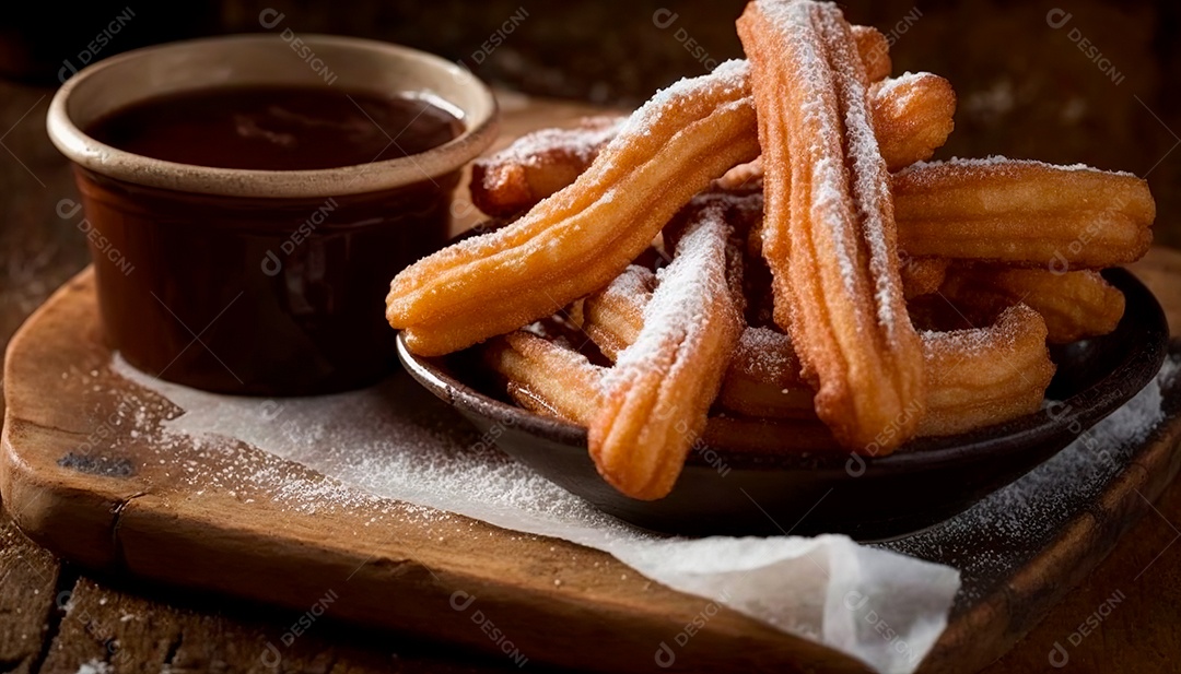 Churros delicioso sobre uma de madeira.