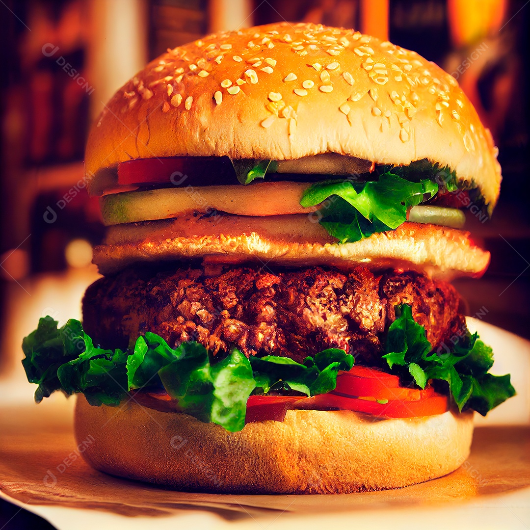 Hambúrguer sobre uma mesa de madeira.