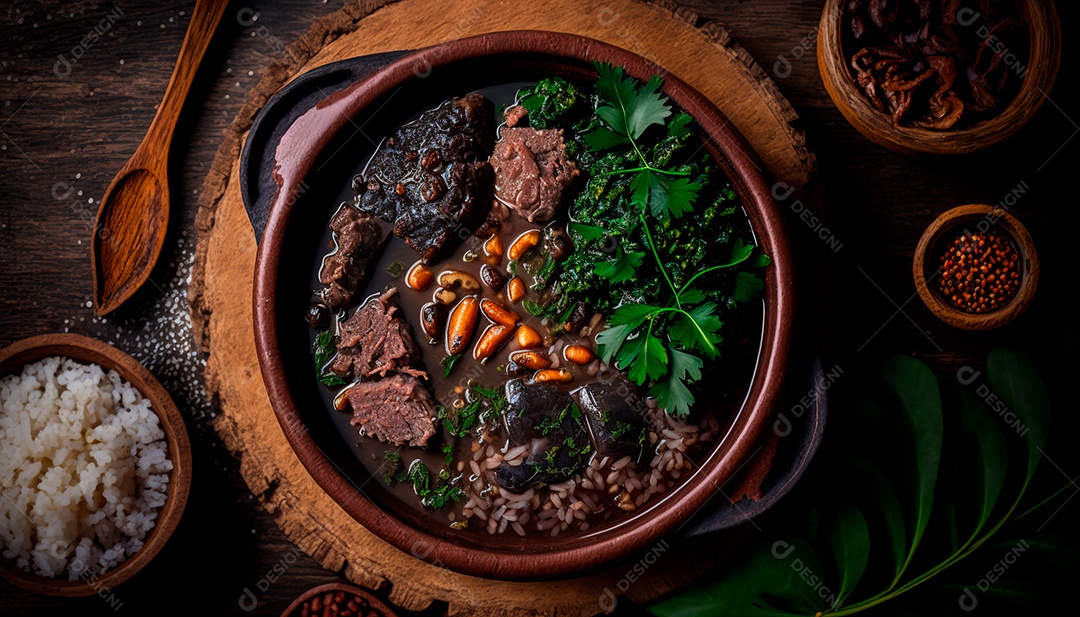 Feijoada sobre uma mesa de madeira com acompanhamentos.