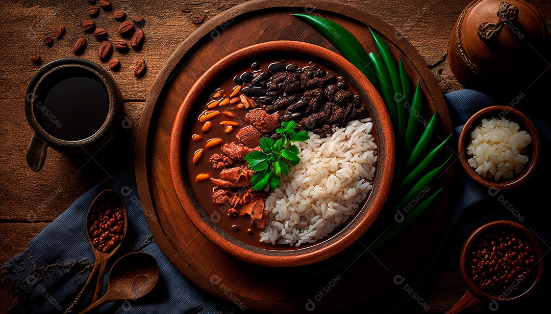 Feijoada sobre uma mesa de madeira com acompanhamentos.