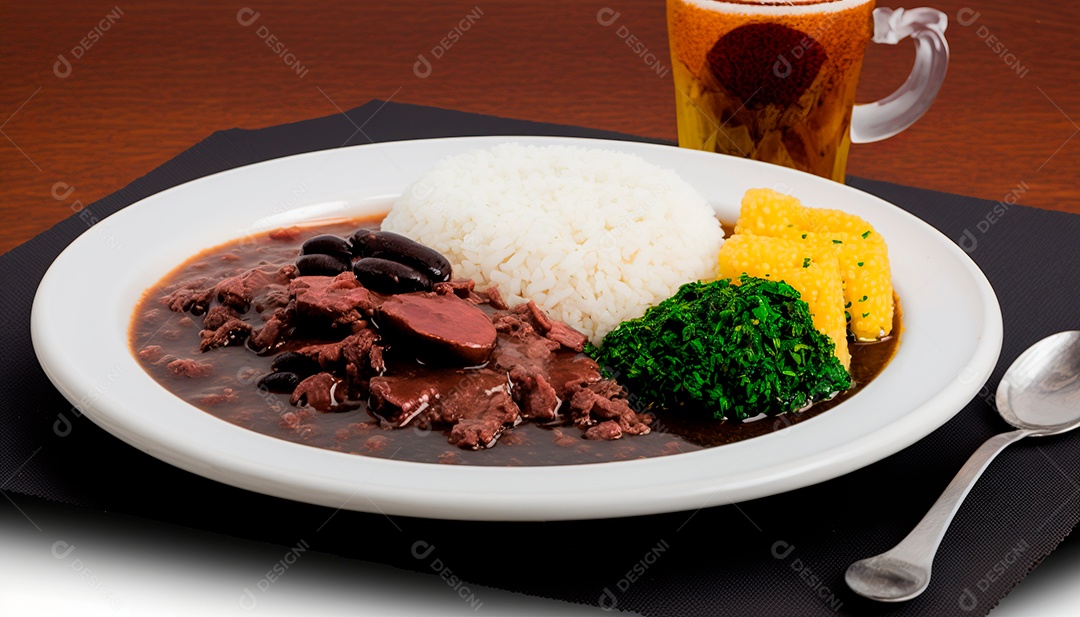 Feijoada sobre uma mesa de madeira com acompanhamentos.