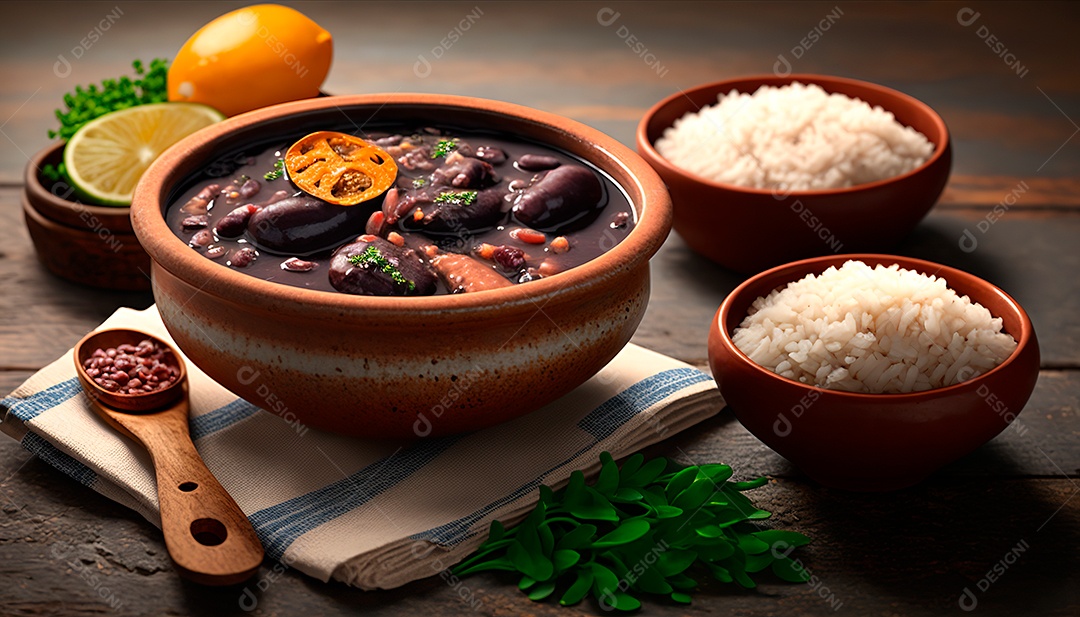 Feijoada sobre uma mesa de madeira com acompanhamentos.