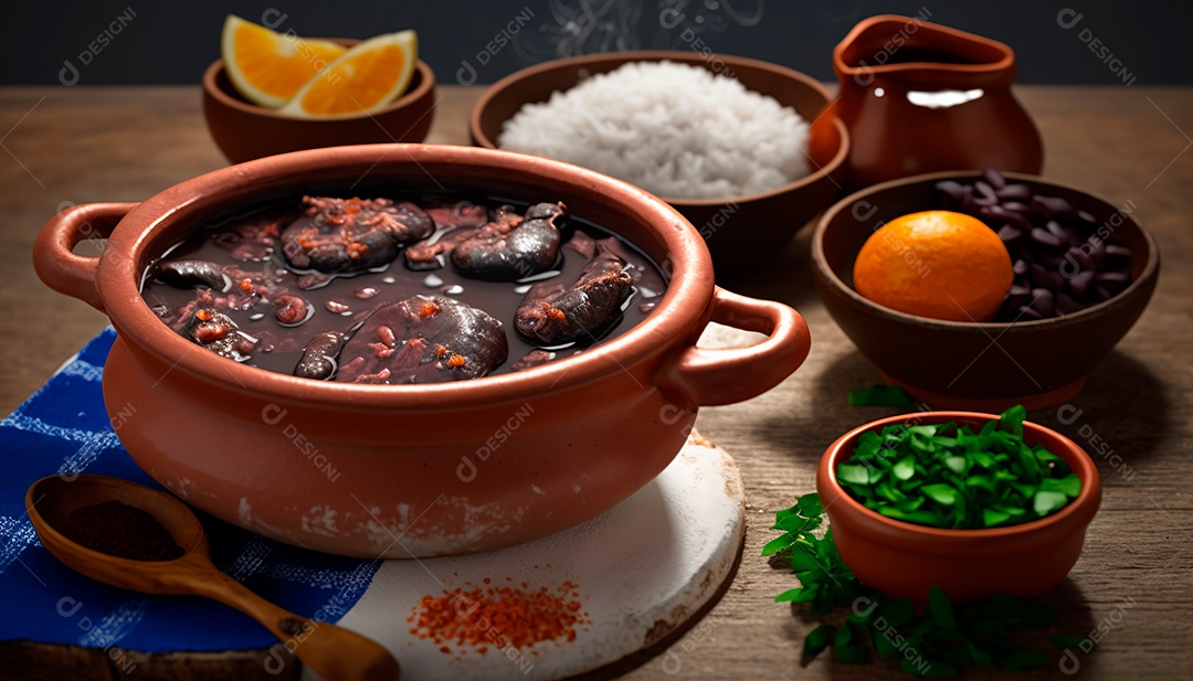 Feijoada sobre uma mesa de madeira com acompanhamentos.