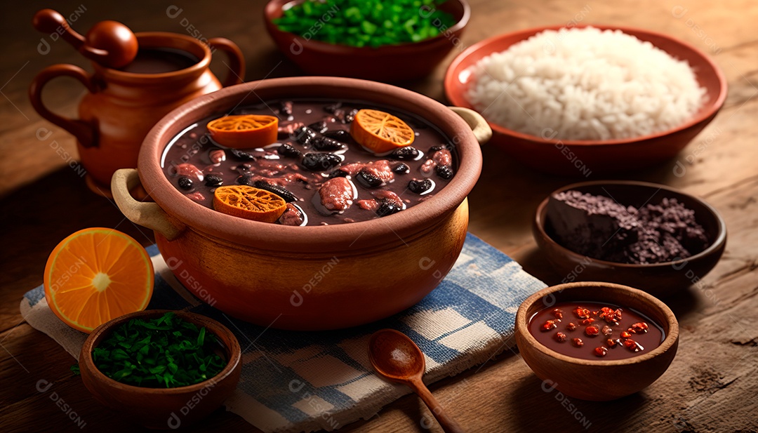 Feijoada sobre uma mesa de madeira com acompanhamentos.