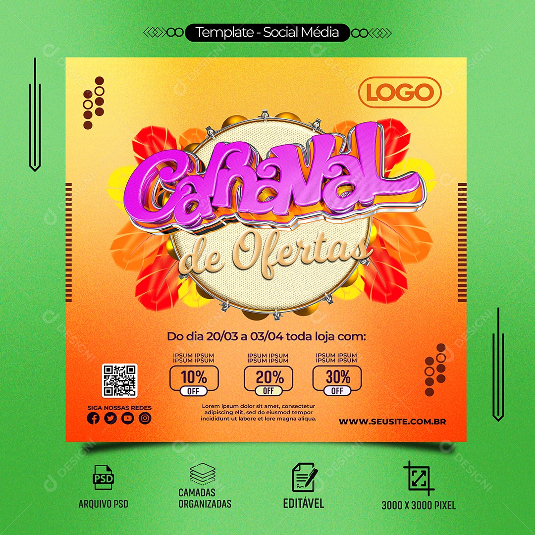 Carnaval de Ofertas Venha Conferir Social Media PSD Editável