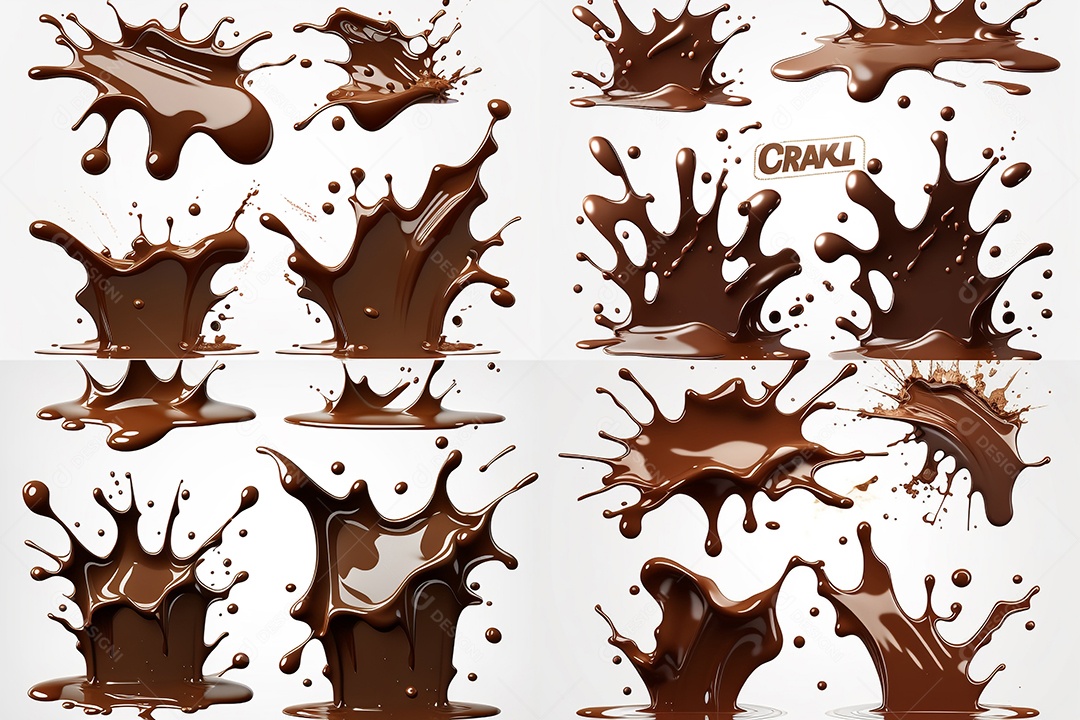 Ilustração 3d de respingos de chocolate em fundo branco