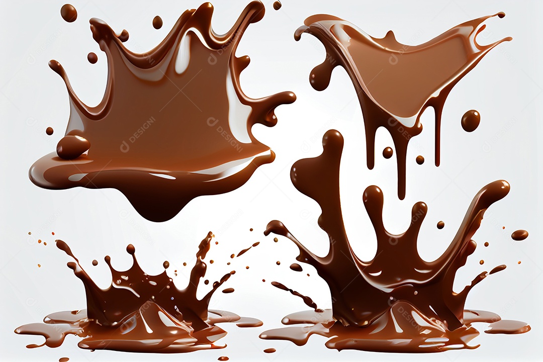 Ilustração 3d de respingos de chocolate em fundo branco