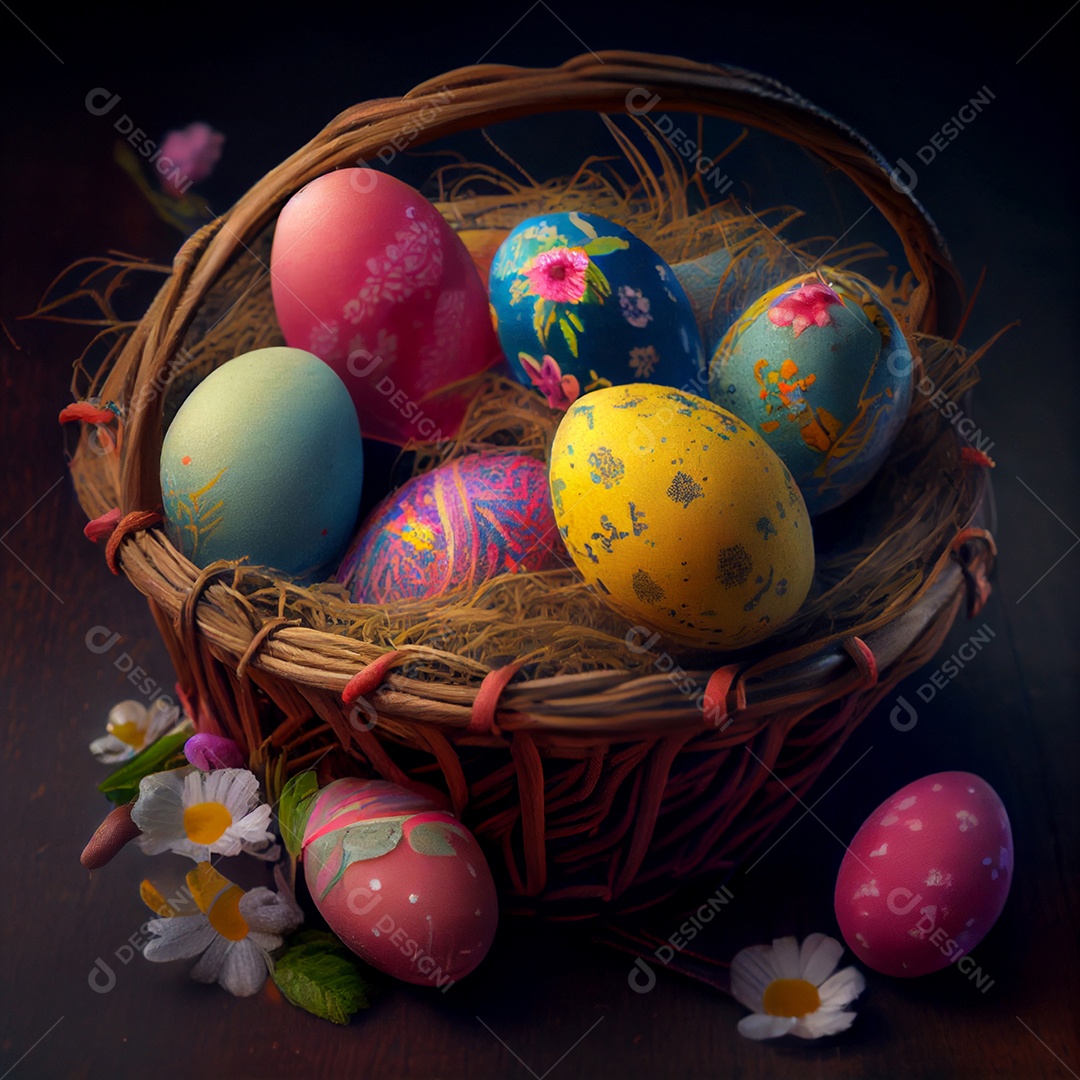 Ilustração cesta de ovos de páscoa pintados