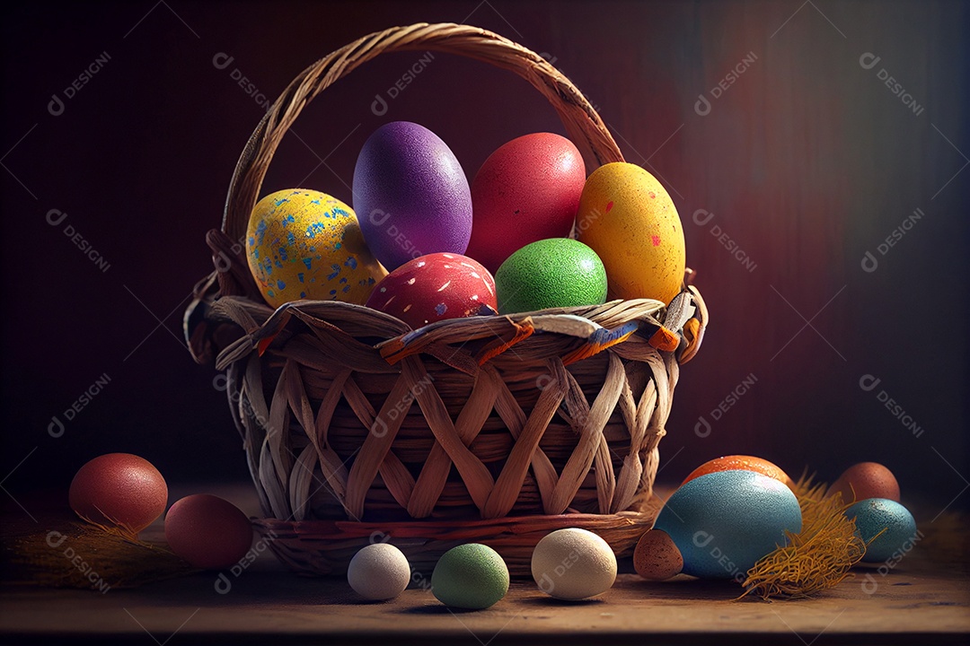 Ilustração cesta de ovos de páscoa pintados