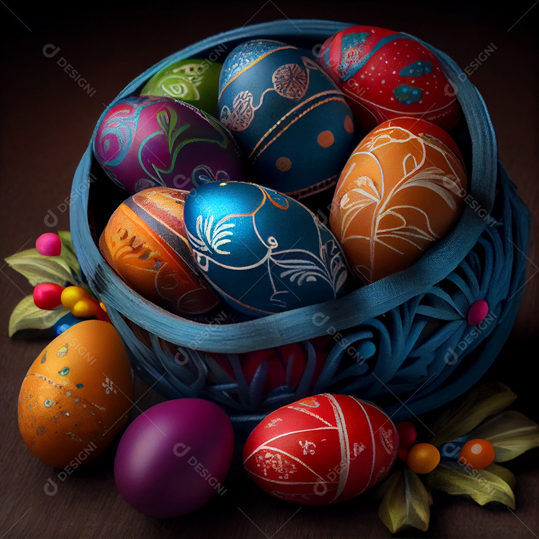 Ilustração cesta de ovos de páscoa pintados