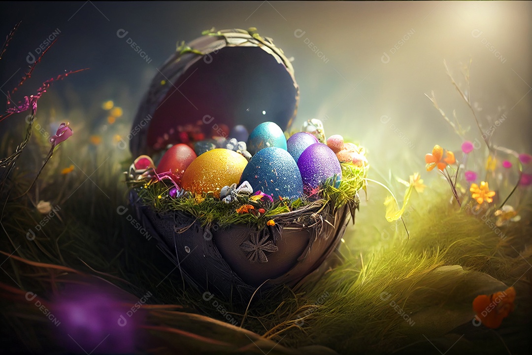 Ilustração cesta de ovos de páscoa pintados