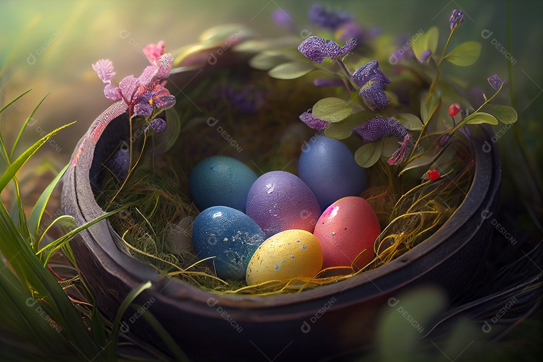 Ilustração cesta de ovos de páscoa pintados