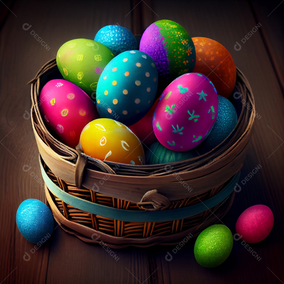 Ilustração de cesta com ovos coloridos de páscoa