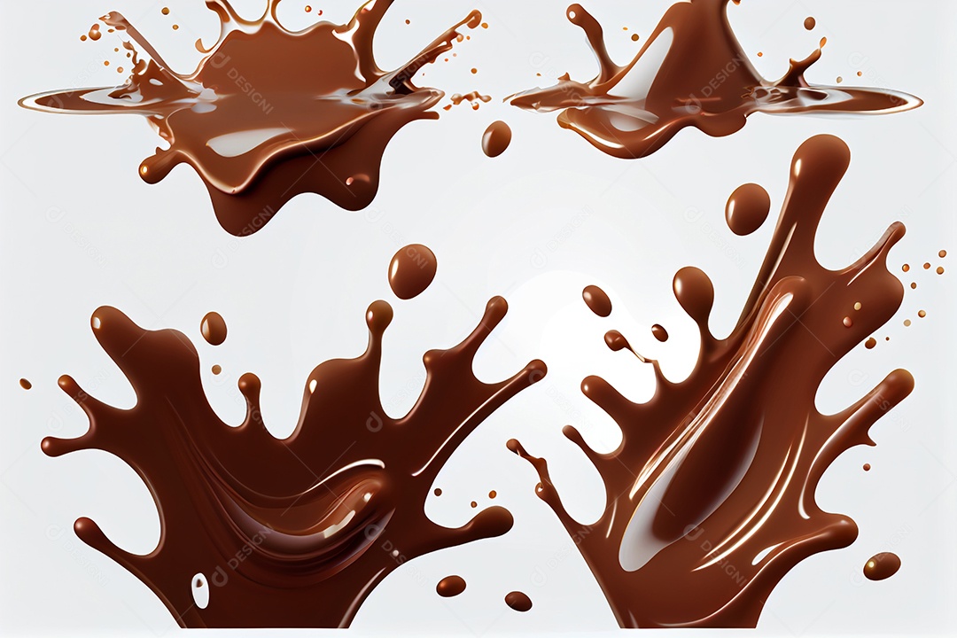Ilustração 3d de respingos de chocolate em fundo branco