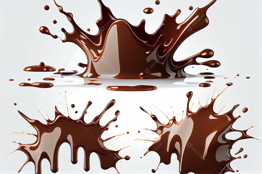 Ilustração 3d de respingos de chocolate em fundo branco