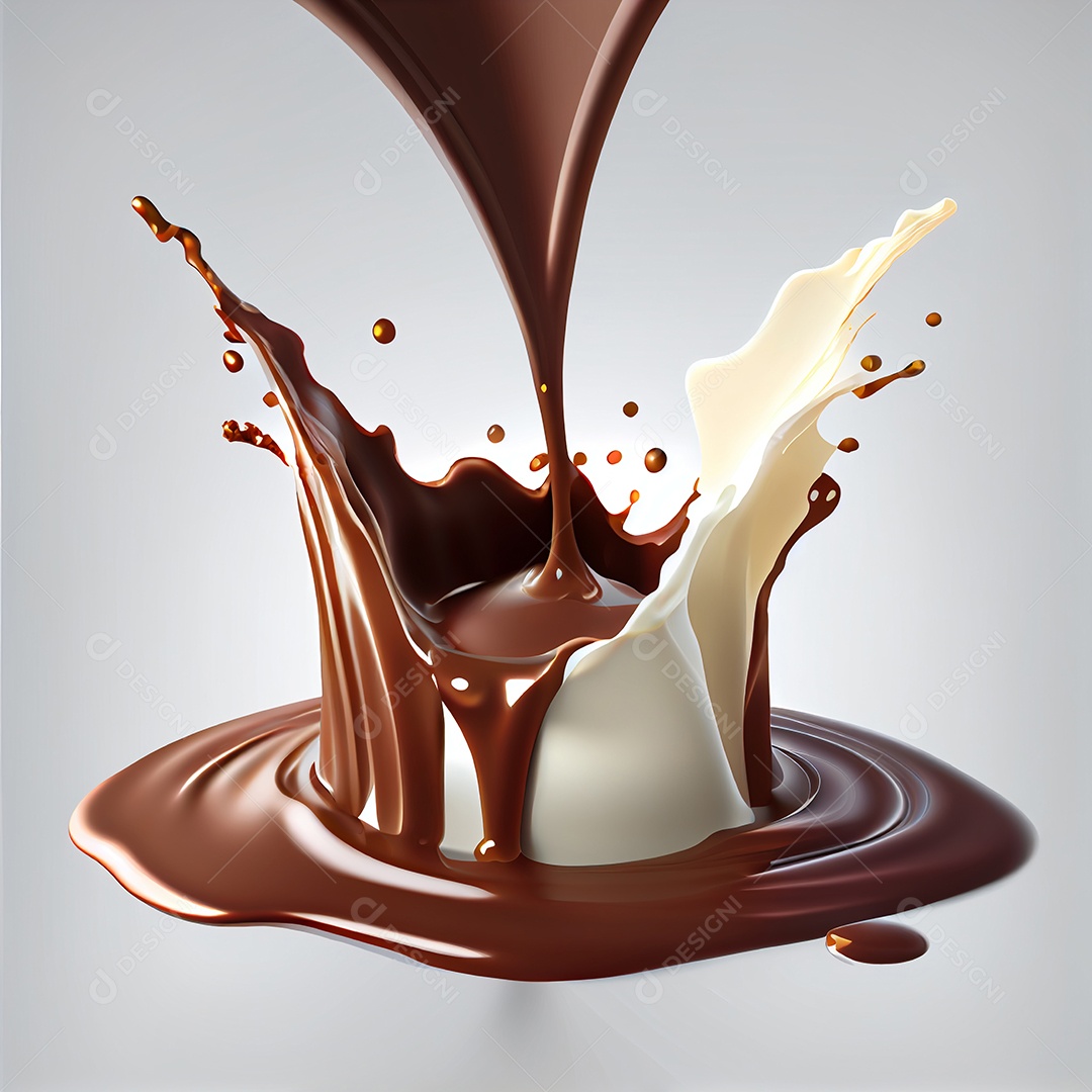 Ilustração 3d de respingos de chocolate em fundo branco