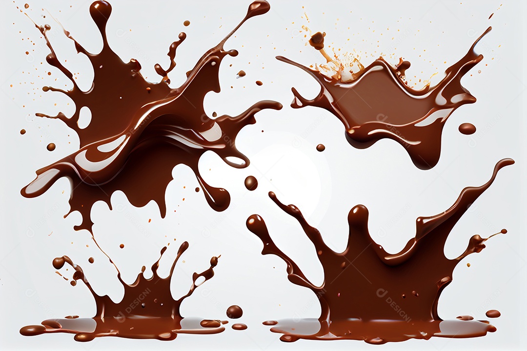 Ilustração 3d de respingos de chocolate em fundo branco