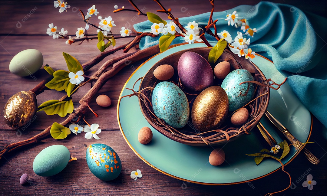 Ilustração de mesa posta com ovos coloridos de páscoa