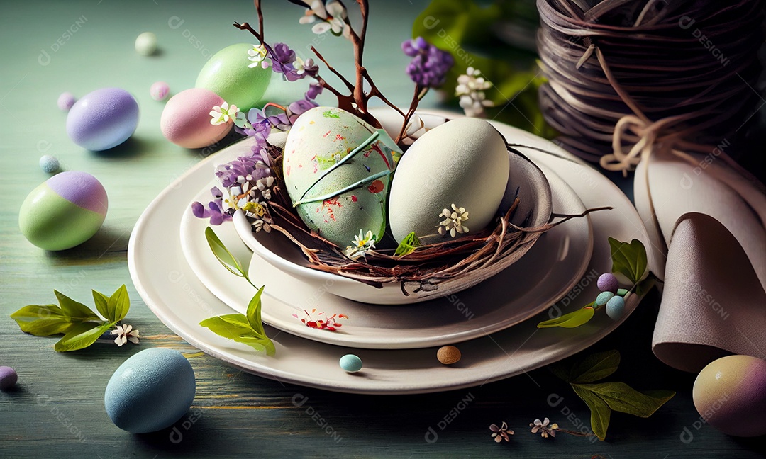 Ilustração de mesa posta com ovos coloridos de páscoa