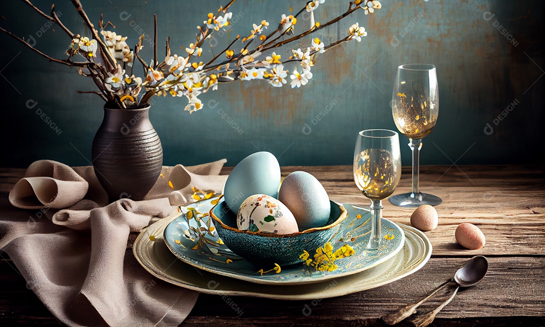 Ilustração de mesa posta com ovos coloridos de páscoa