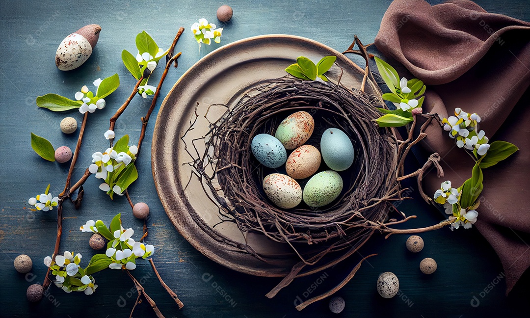 Ilustração de mesa posta com ovos coloridos de páscoa