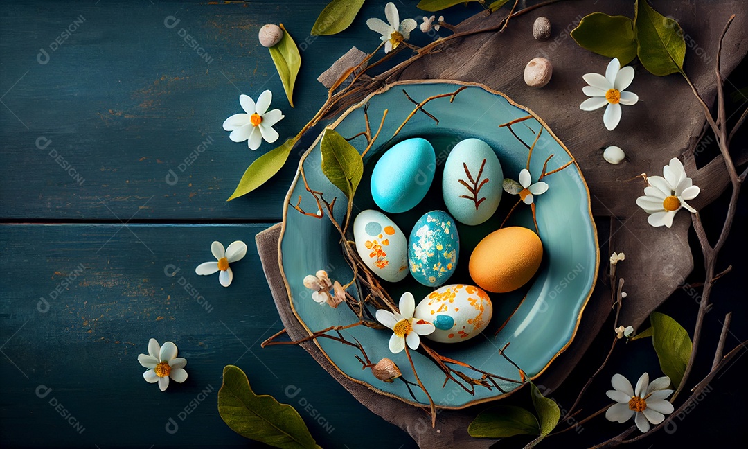 Ilustração de mesa posta com ovos coloridos de páscoa