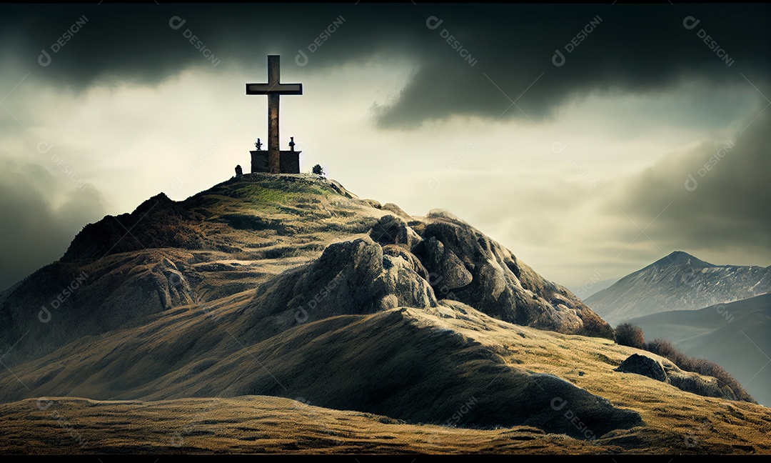 Cruz no pico da montanha ao pôr do sol religião cristã