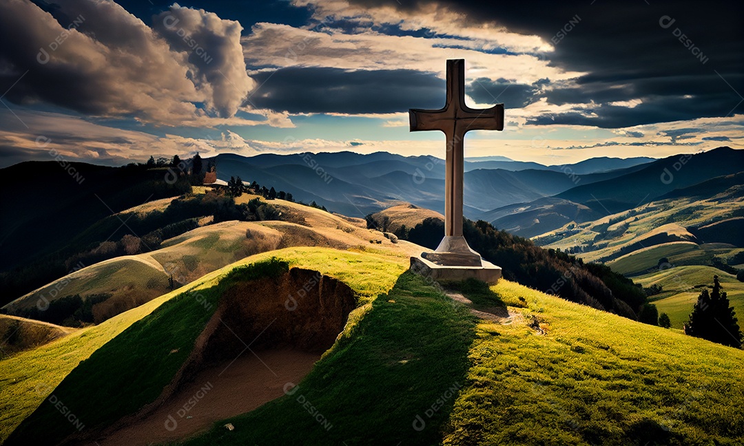 Cruz no pico da montanha ao pôr do sol religião cristã