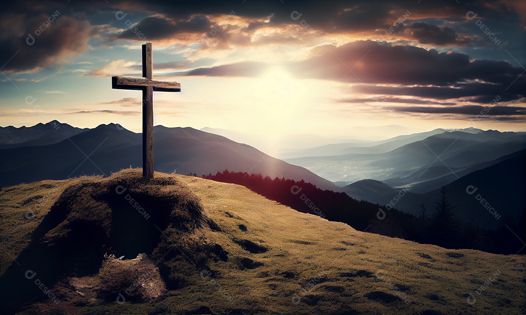 Cruz no pico da montanha ao pôr do sol religião cristã