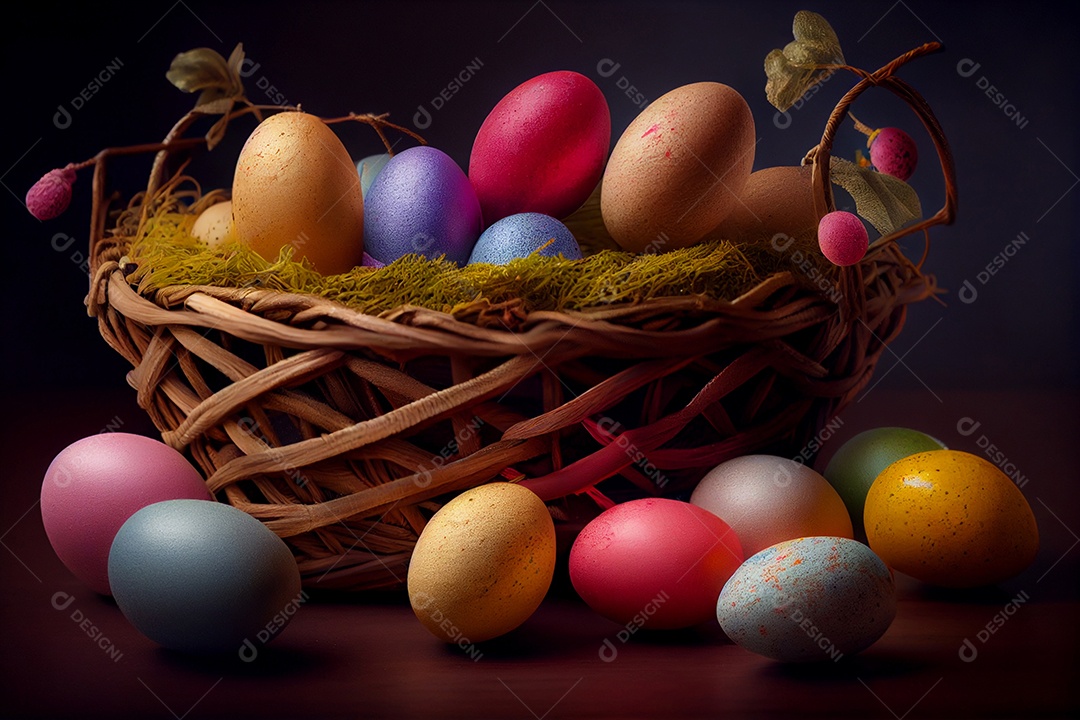 Ilustração cesta com ovos pintados