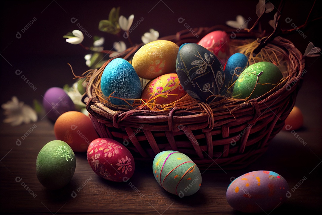 Ilustração cesta com ovos pintados