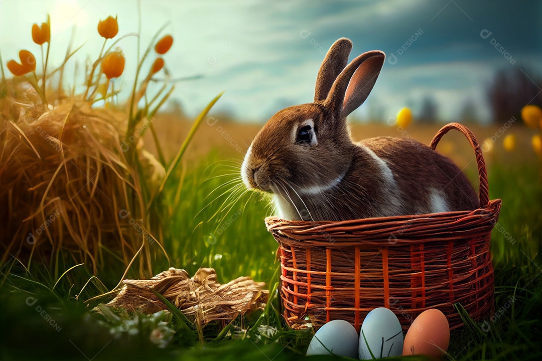 Ilustração cesta com coelho e ovos de páscoa pintados