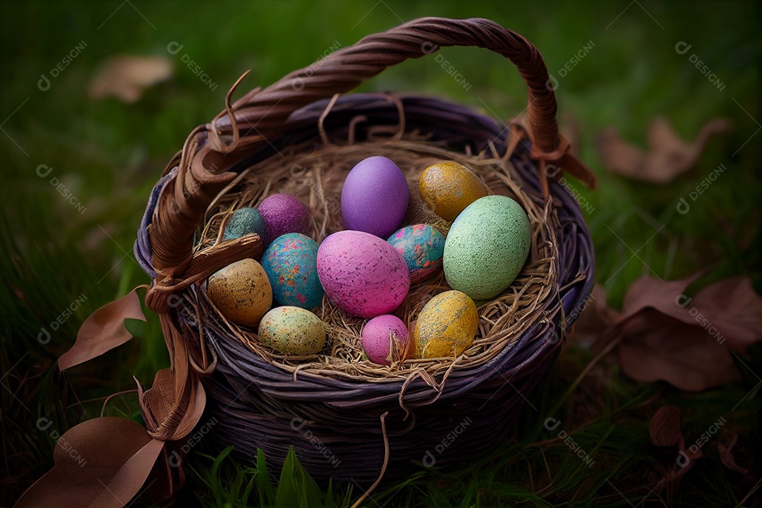 Ilustração cesta com ovos de páscoa pintados