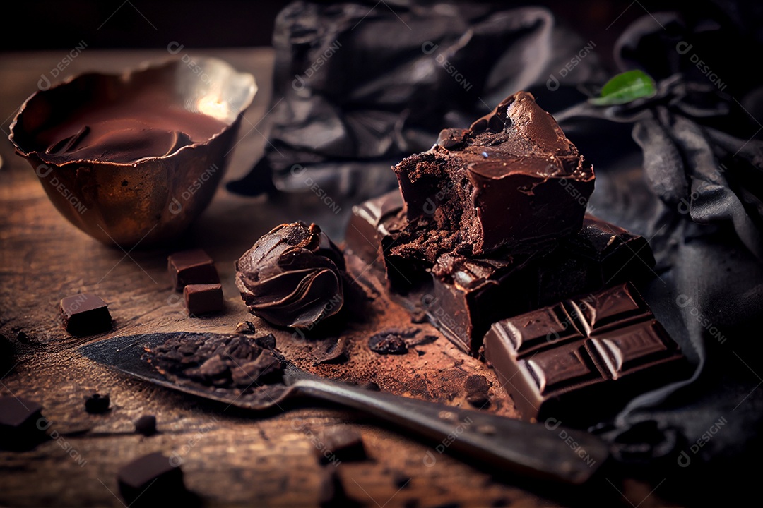 Ilustração de barras de chocolates na mesa rústica