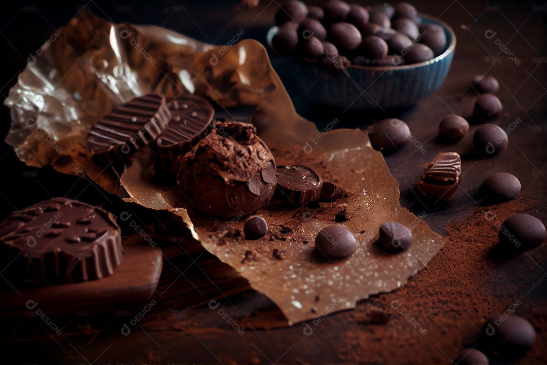 Ilustração mesa com doces e chocolates