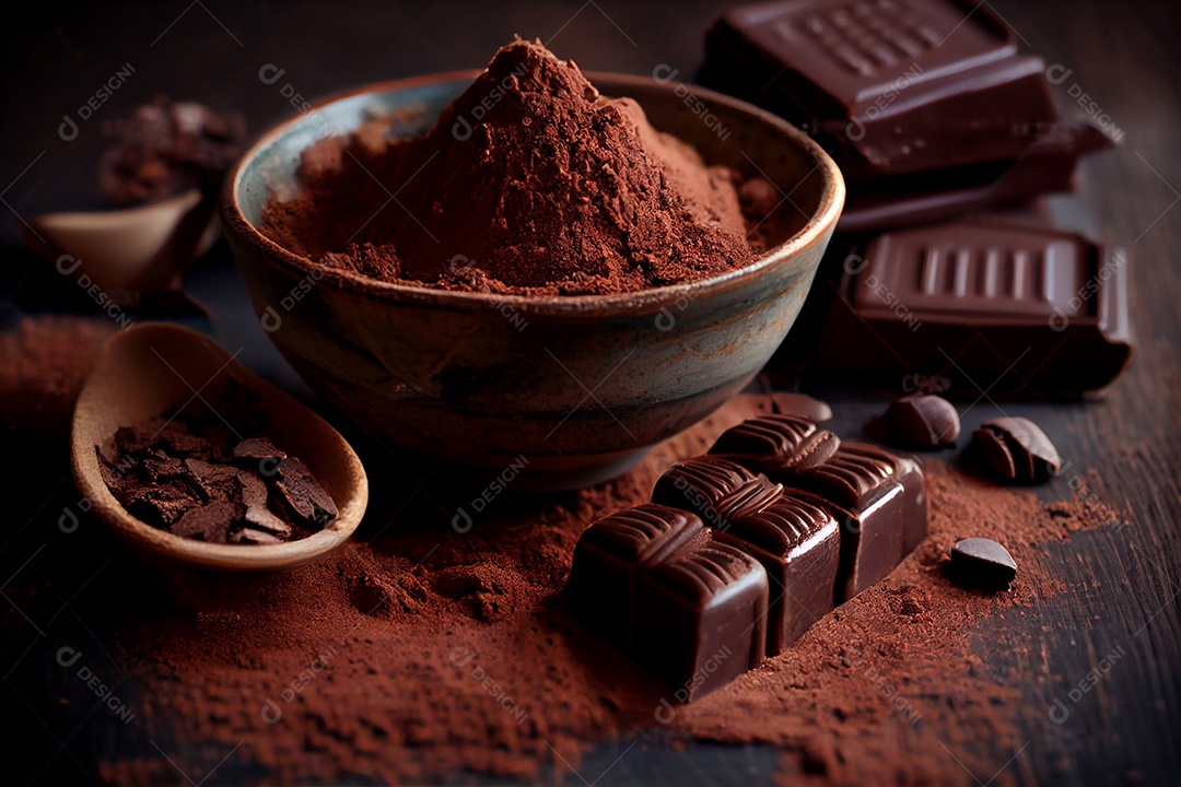 Ilustração tigela com cacau em pó e barras de chocolate