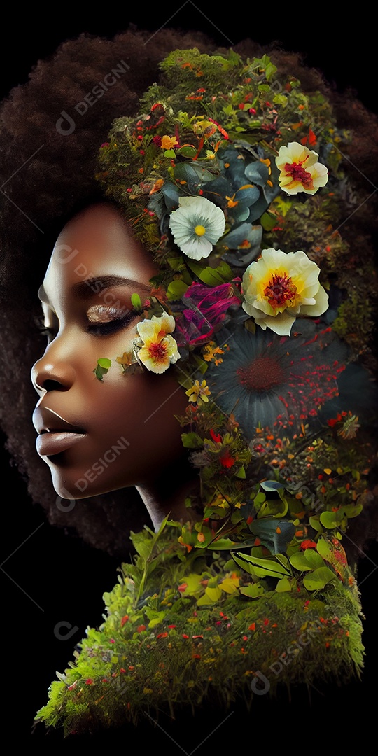 Mulher negra bonita com flores no cabelo