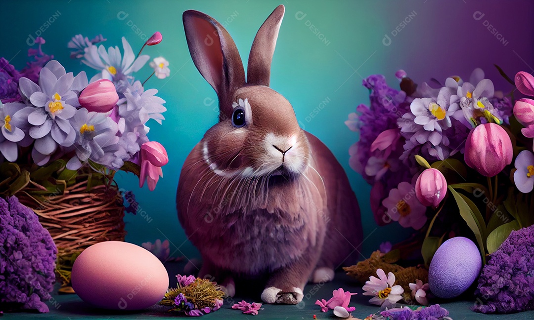 Ilustração de um coelho com ovos de páscoa
