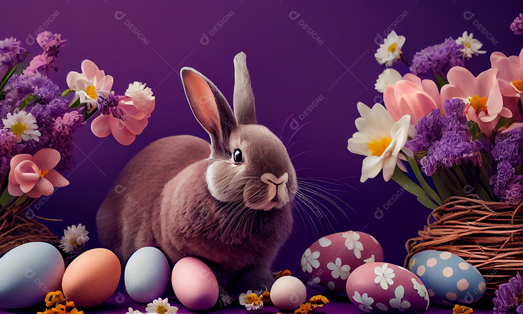 Ilustração de um coelho com ovos de páscoa